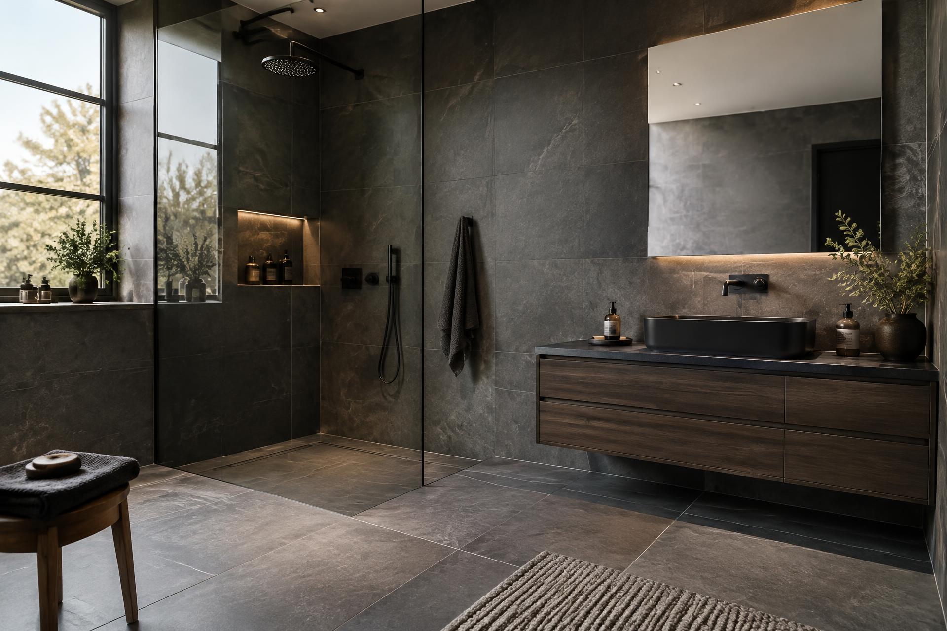 Salle de bains en carrelage grand format anthracite réalisée par Arthur Carrelage à Nancy